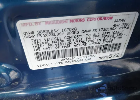 2004 Mitsubishi Lancer Es from USA, damaged, VIN JA3AJ26E24U014320